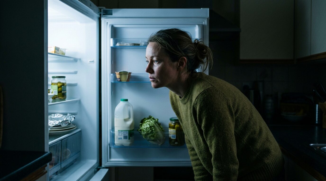 A woman stares blankly into an open fridge in a dark kitchen.
