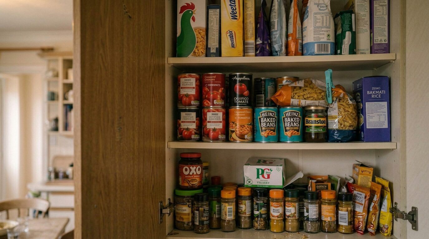 An open kitchen cupboard of half-used British staples — tins, pasta, rice, jars.