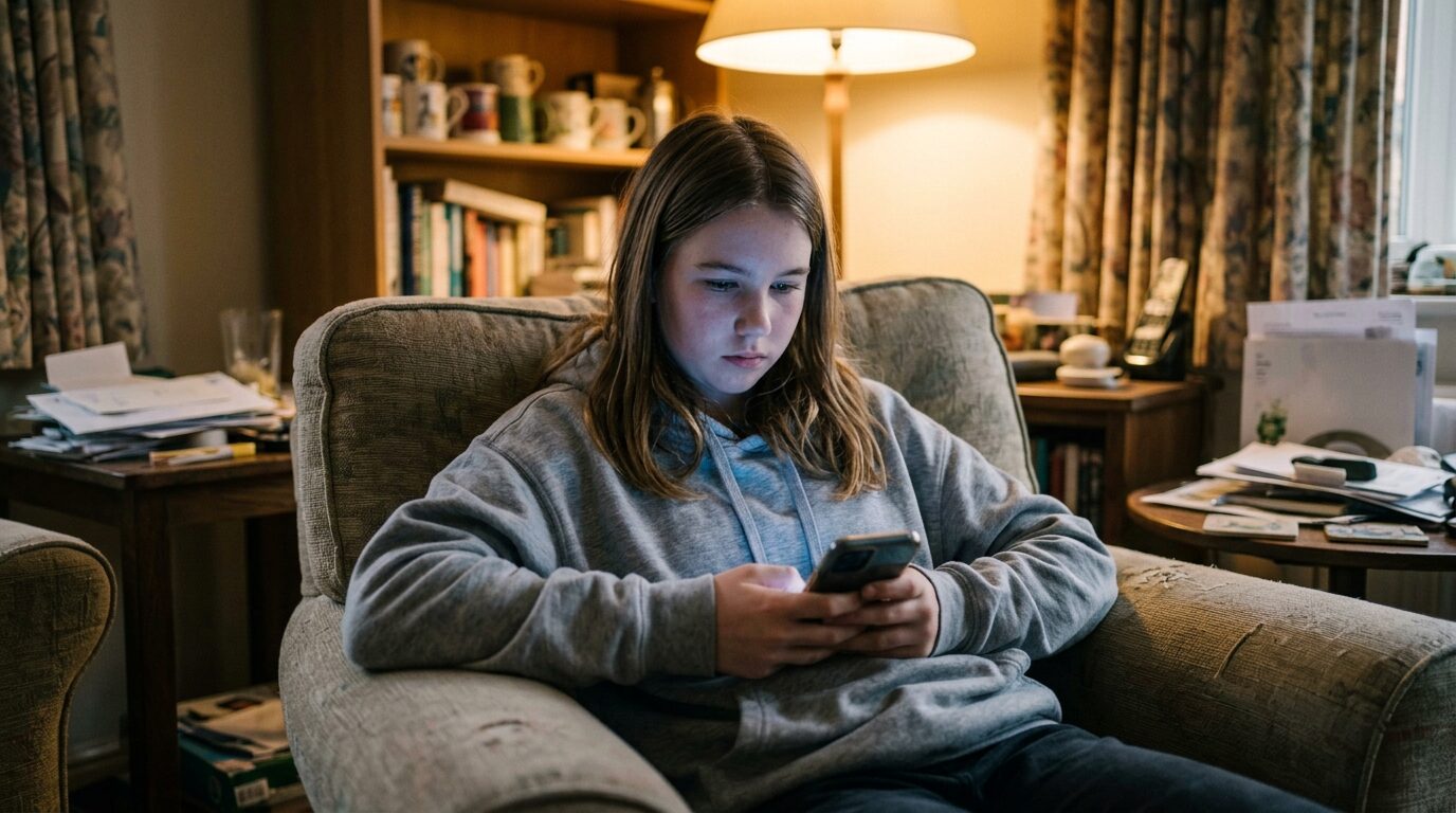 A teenager on the sofa scrolling a phone, not looking up.