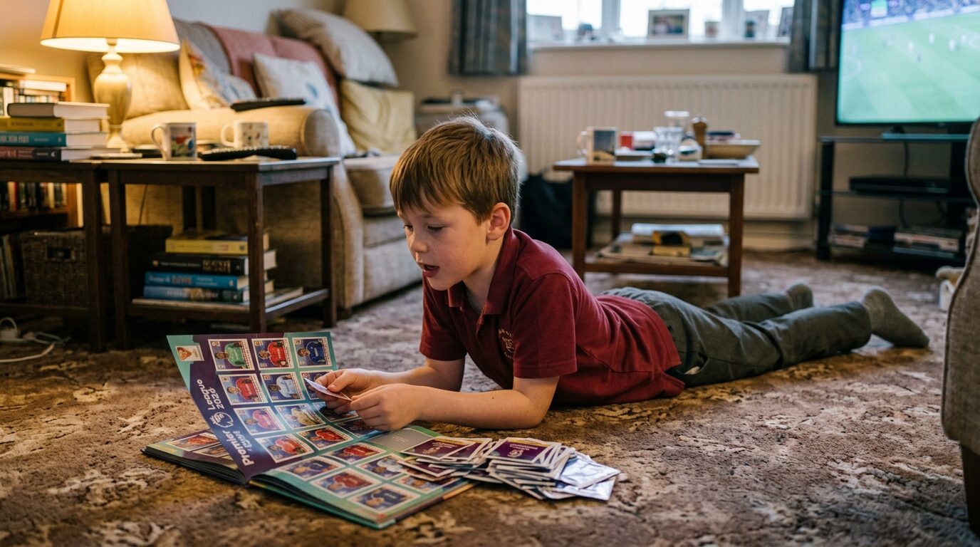A nine-year-old lying on the living room carpet with a sticker album, not looking up.