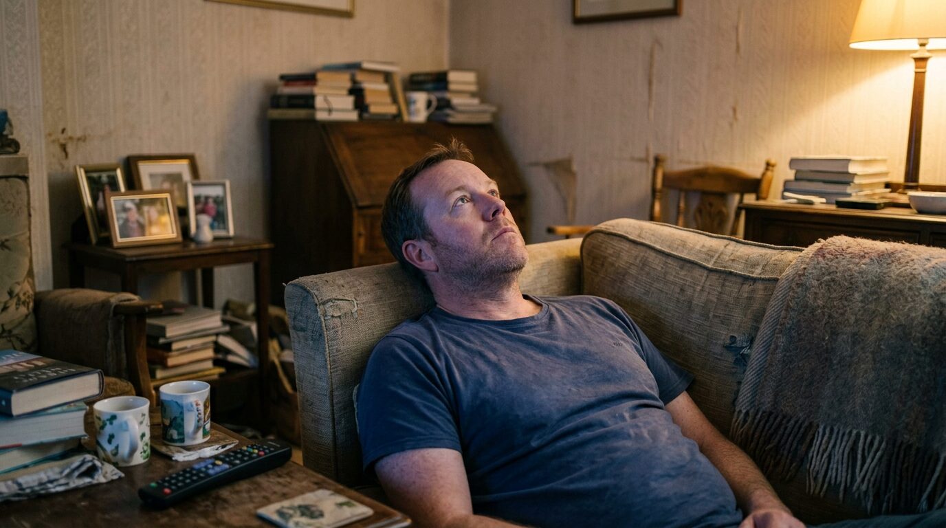 A man lying back on the sofa, staring at the ceiling.