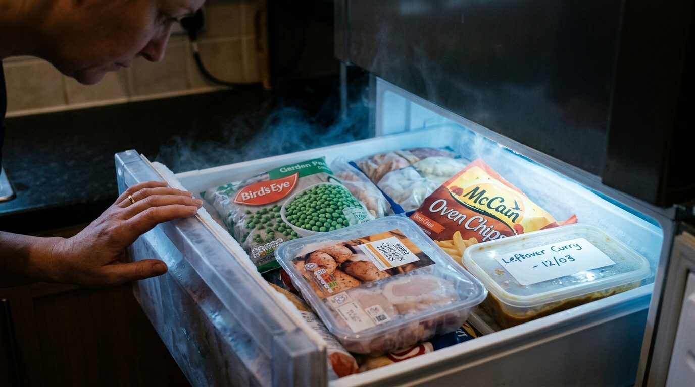 An open freezer drawer, full and clearly stocked, with a hand resting on the edge.