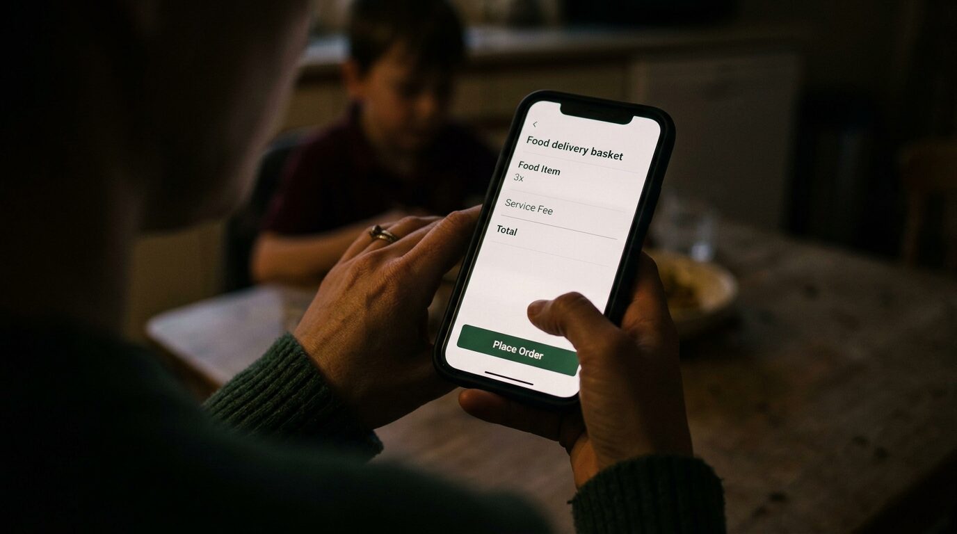 A phone showing a takeaway basket totalling £38.50, thumb hovering.