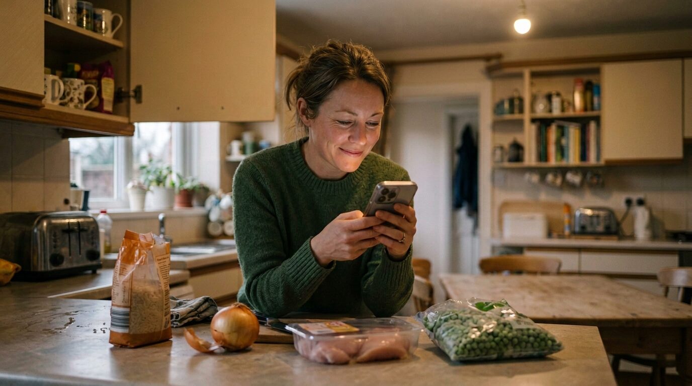 A phone held up in the kitchen, the cook reading tonight's suggestion.
