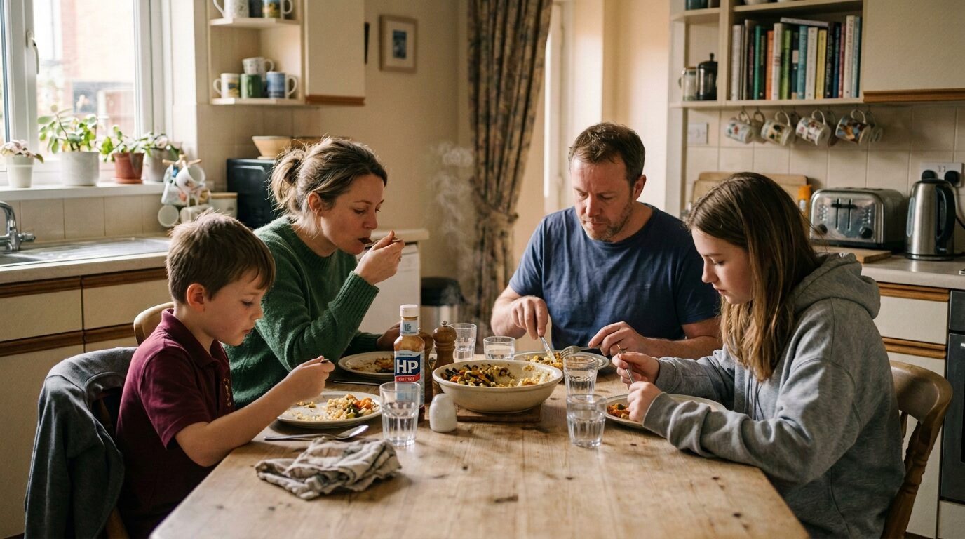 The family eating together at a cluttered kitchen table, nobody talking.
